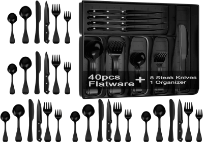 49-Piece Black Silverware Set with Organizer, Stainless Steel Flatware Set for 8 with Drawer Tray, Cutlery Steak Knives Fork Spoon for Home Restaurant