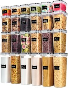24 pcs Plastic Kitchen and Pantry Organization Canisters for Cereal, Dry Food, Flour and Sugar, BPA Free, Includes 24 Labels, Black