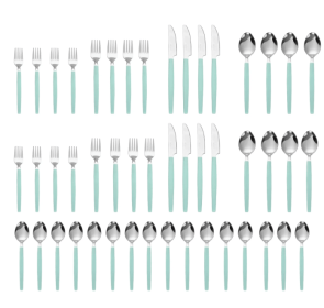 Mainstays 49 Piece Stainless Steel and Plastic Flatware Set with Tray, Teal Blue, Service for 8