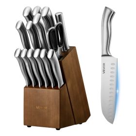VEVOR Kitchen Knife Set with Block and Sharpener, 15 Piece German High Carbon Stainless Steel Sharp Knife Set, Kitchen Cutlery with Ergonomic Handle
