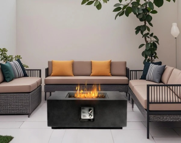 Outdoor Propane Fire Pit Table,Square Stone 35-inch Planter Base, 50,000 BTU Stainless Steel Burner, Free Lava Rocks and Waterproof Cover