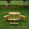 Outdoor 6 Person Picnic Table, 6 person Round Picnic Table with 3 Built-in Benches, Umbrella Hole, Outside Table and Bench Set for Garden, Backyard